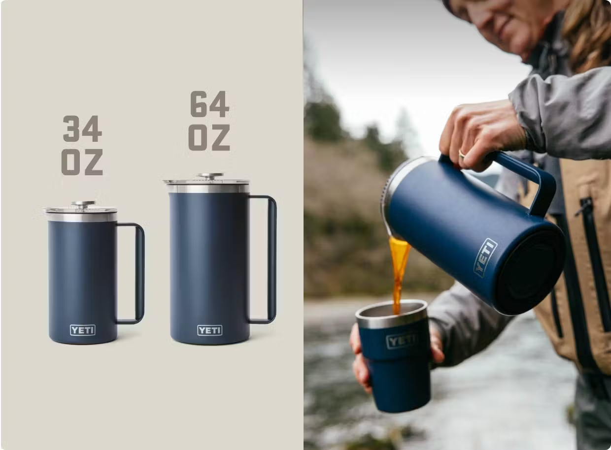 YETI french press sizes displayed with a person pouring coffee outdoors.