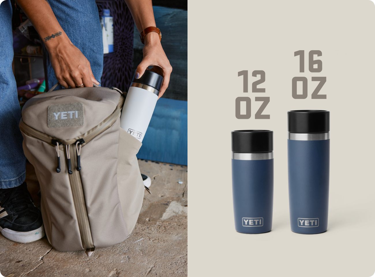 YETI  travel bottles and a ranchero backpack with product size comparison on a beige background