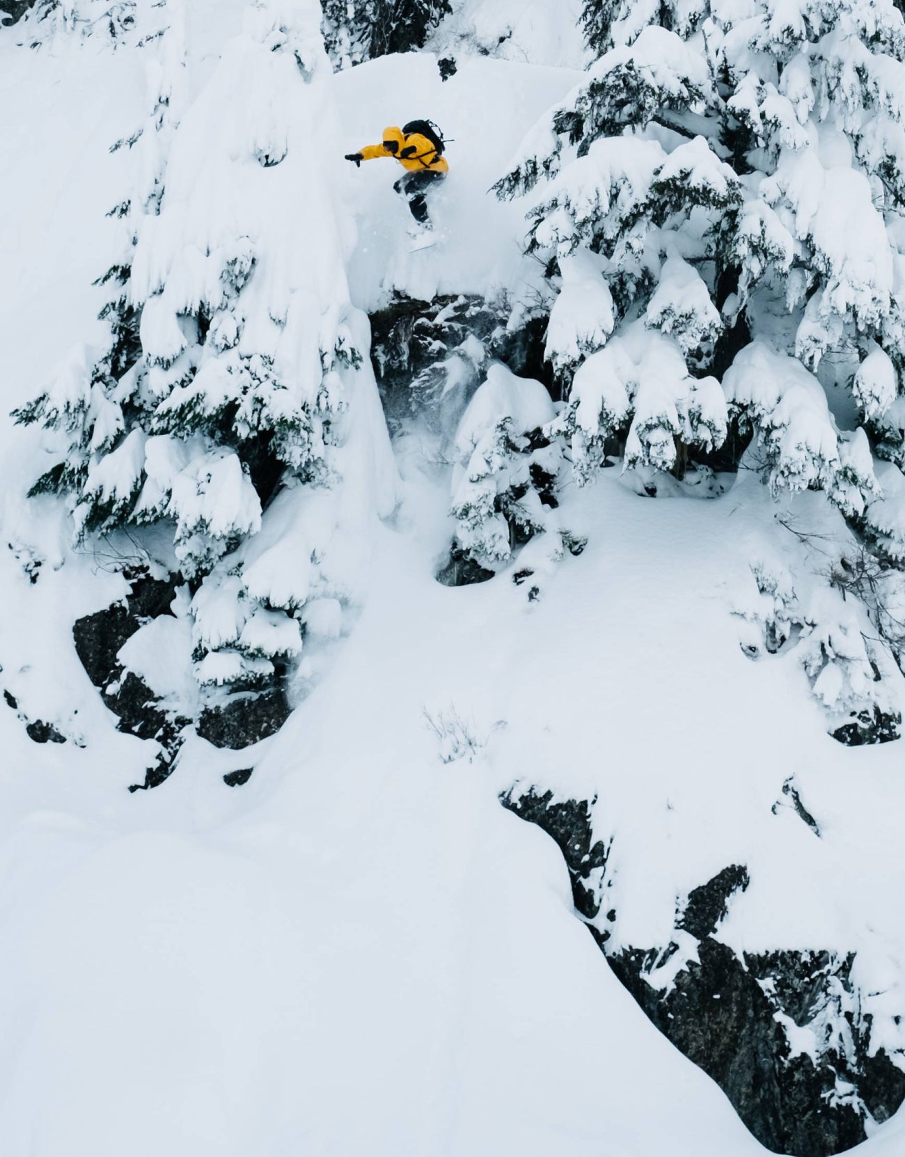 Victor Daviet wearing a yellow jacket snowboarding through deep snow in a forest