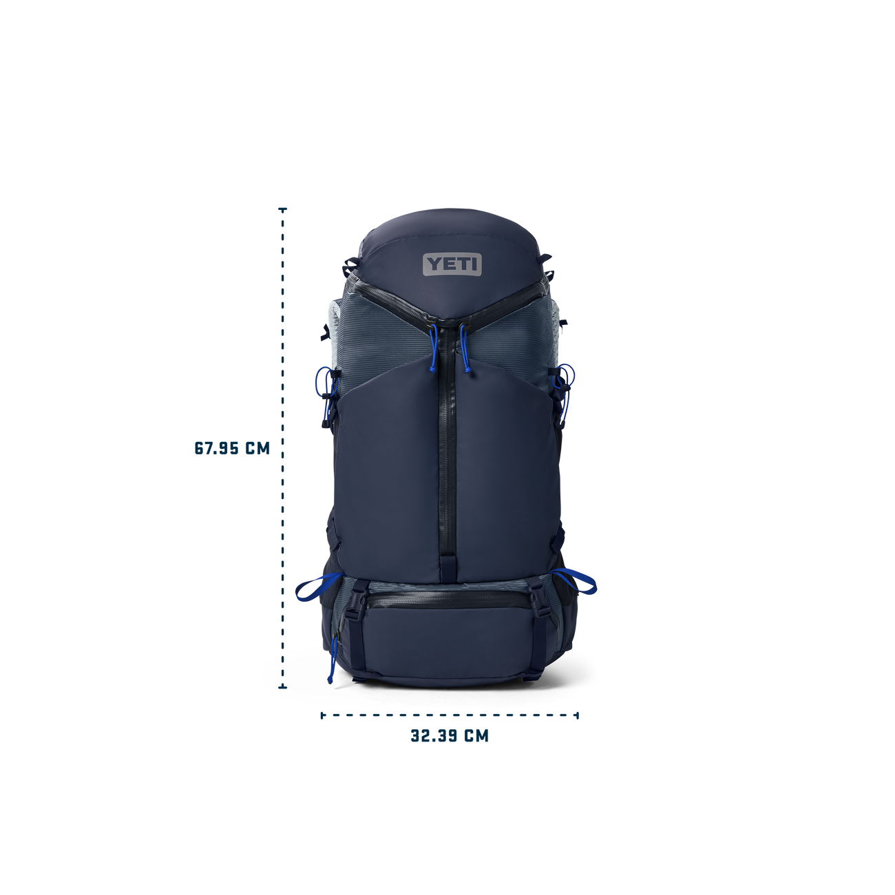 Navy blue backpack with YETI logo and dimensions on a white background