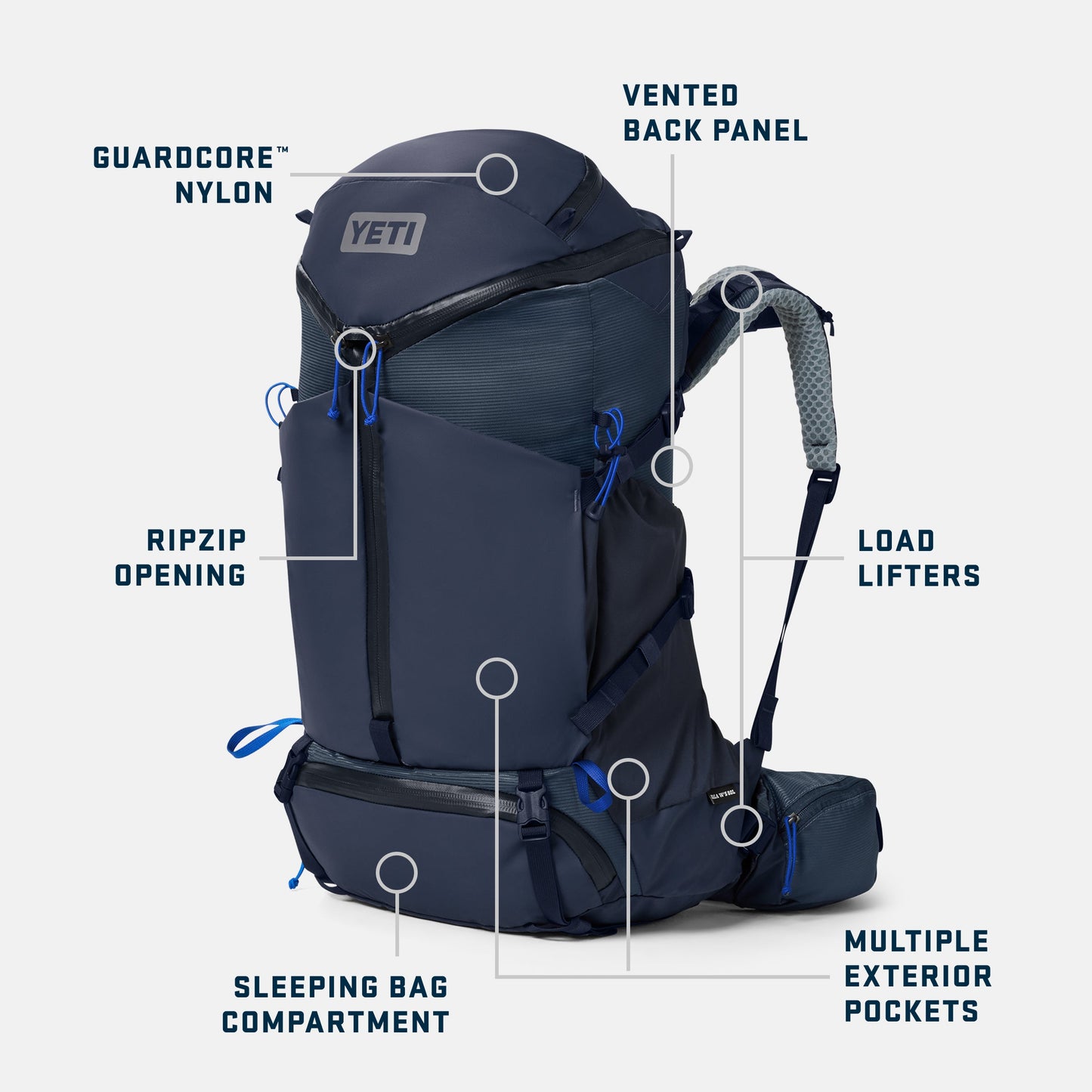 Navy backpack with features labeled on a white background