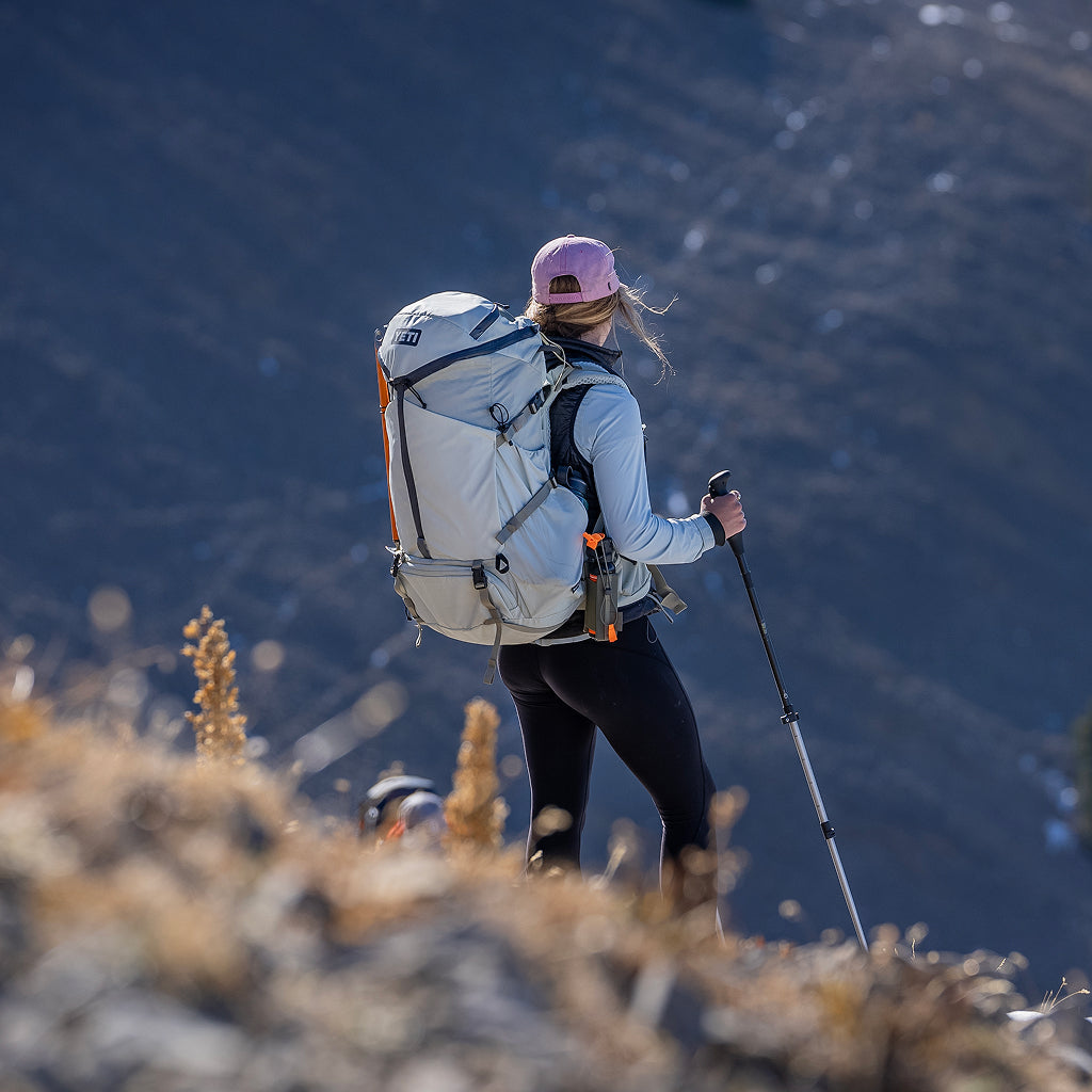 Person hiking with a backpack and walking stick on a mountain trail