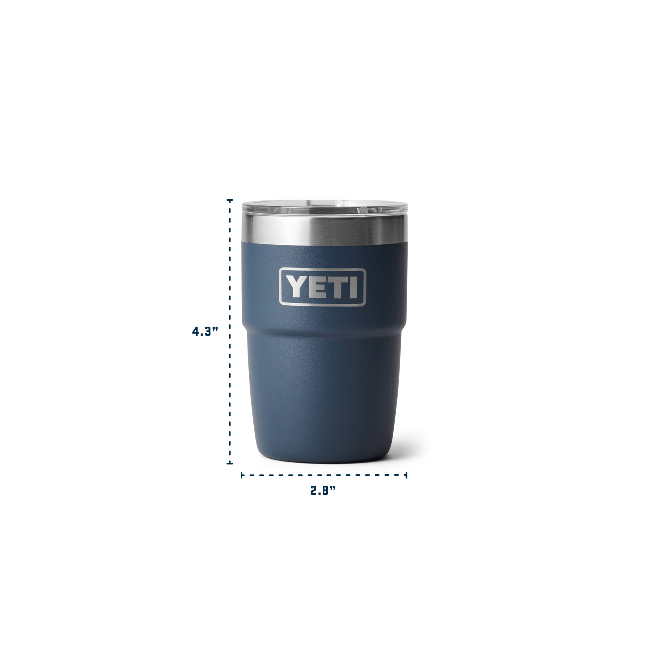 Navy YETI tumbler with dimensions on a white background