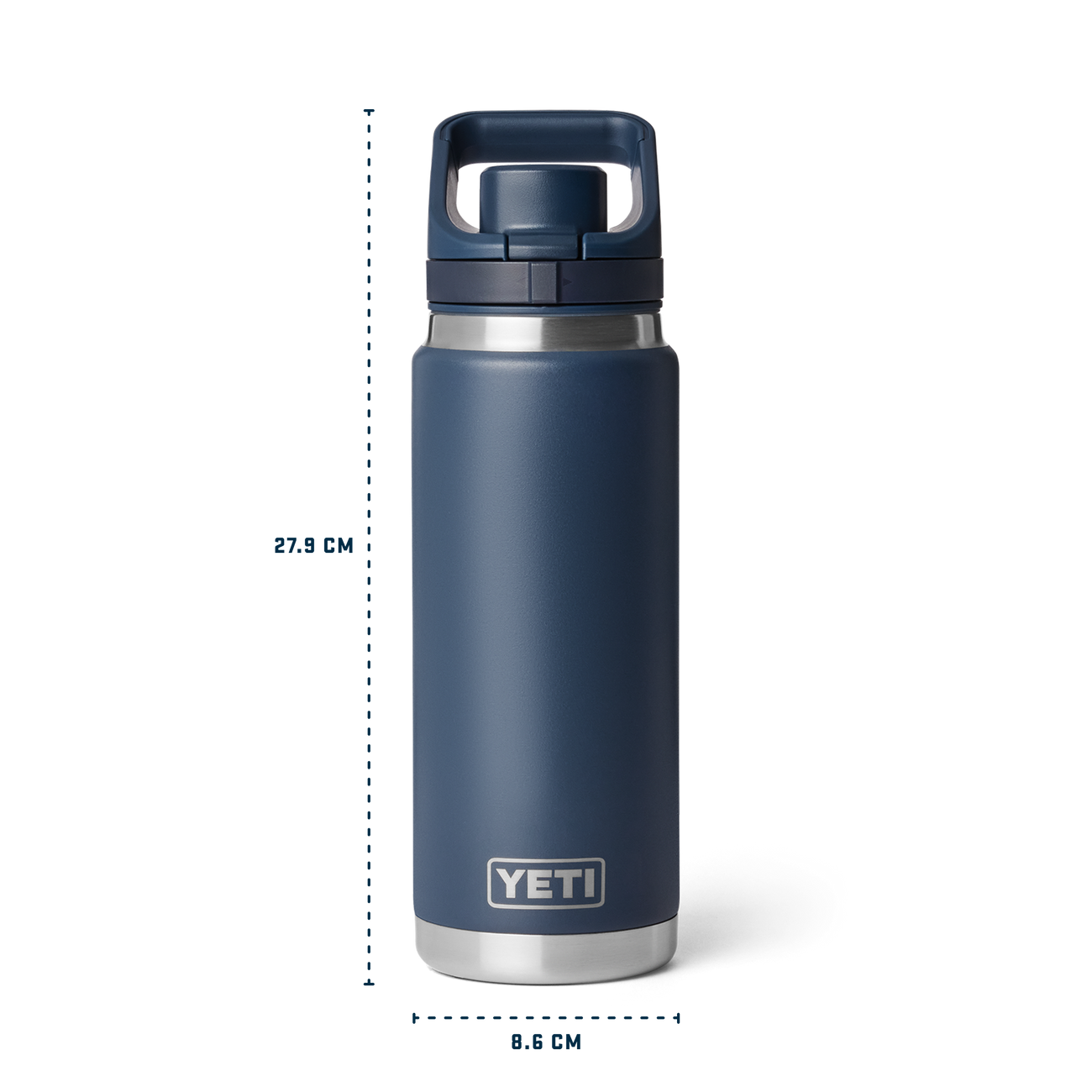 Navy blue YETI bottle with dimensions on a white background