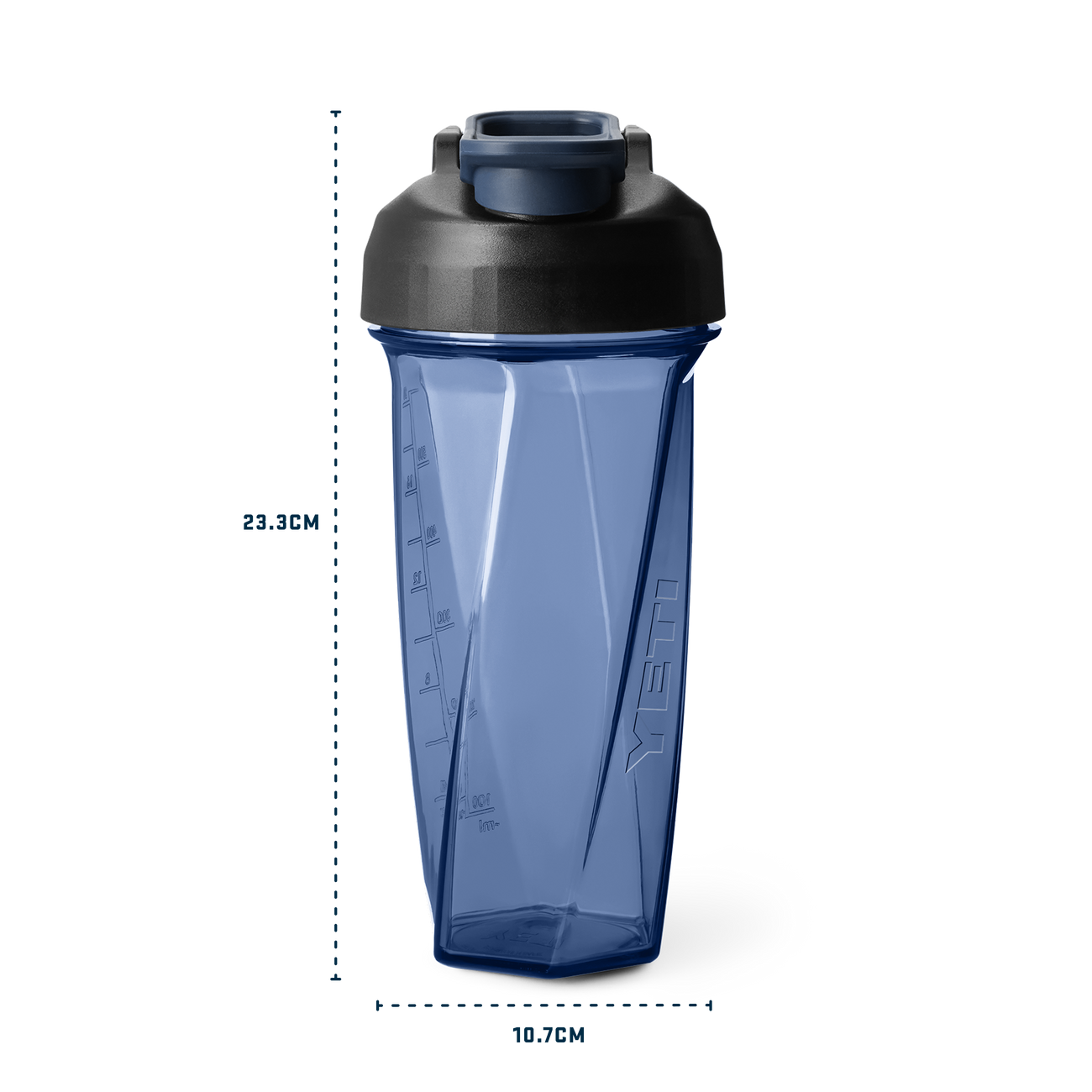 Navy shaker bottle with black cap on a white background