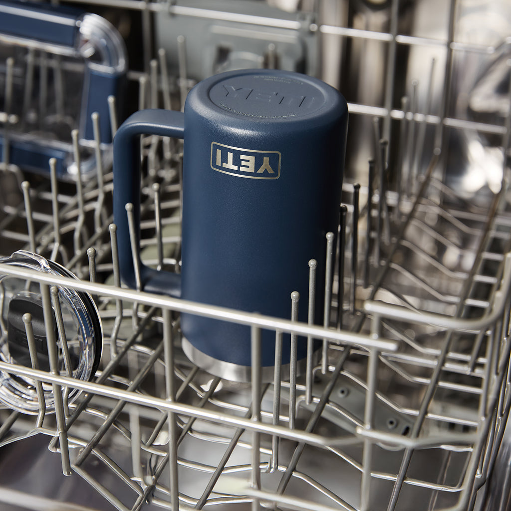 Blue YETI mug inside a dishwasher rack