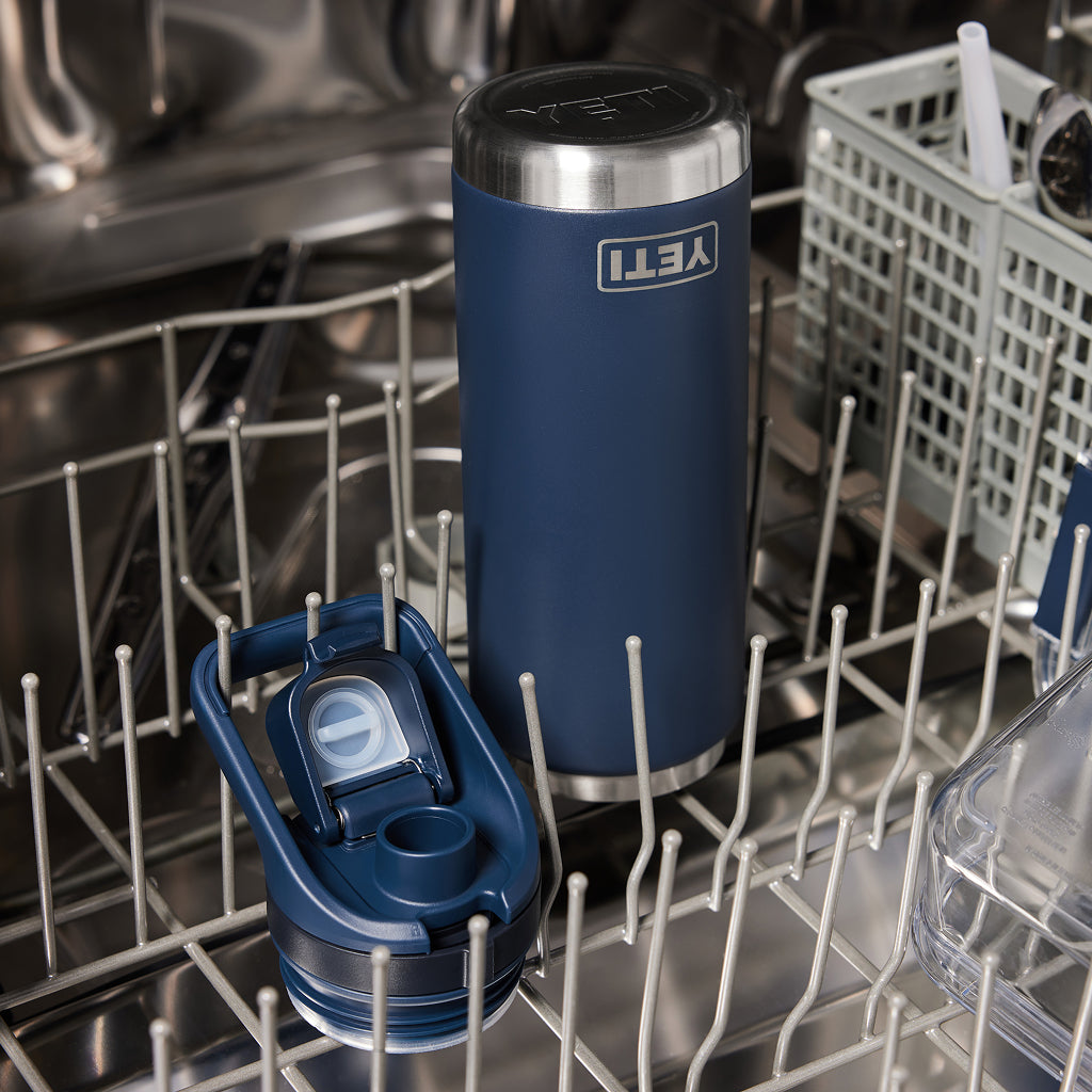 Navy YETI water bottle in a dishwasher