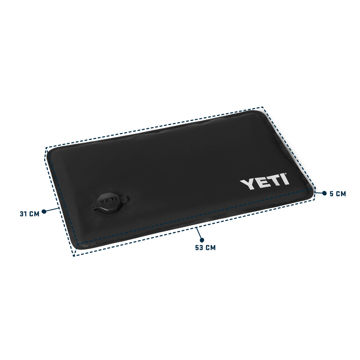 Black YETI inflatable sleeping pad with dimension markings showing 53 cm by 31 cm and 5 cm thickness, on a white background.