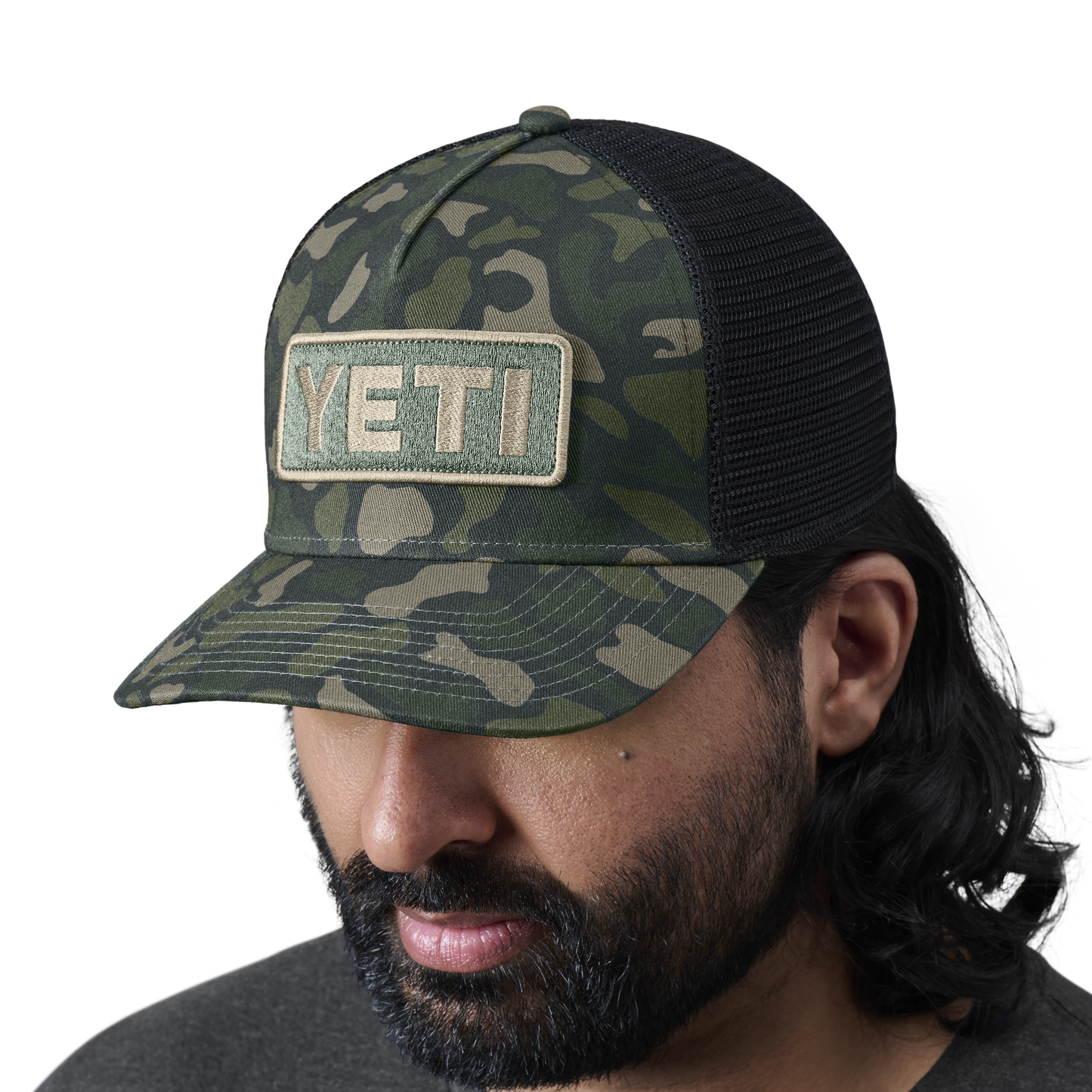 YETI Logo Full Camo Trucker Hat Green Camo