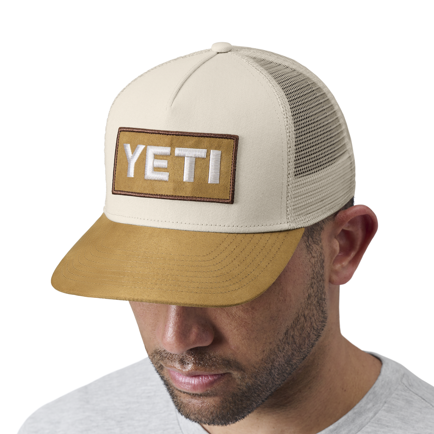YETI Logo Faux Suede Brim Trucker Hat Khaki/Tan
