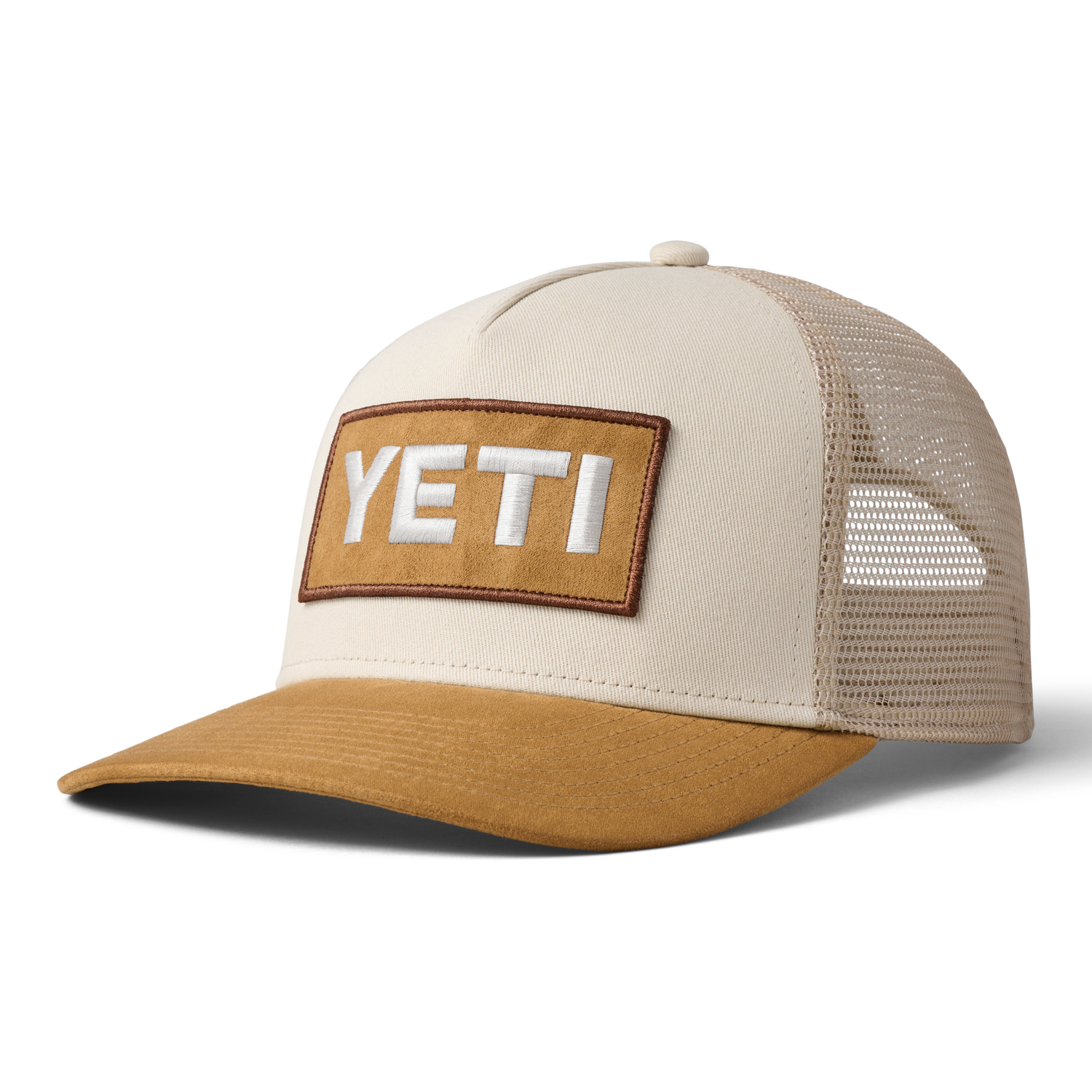 YETI Logo Faux Suede Brim Trucker Hat Khaki/Tan