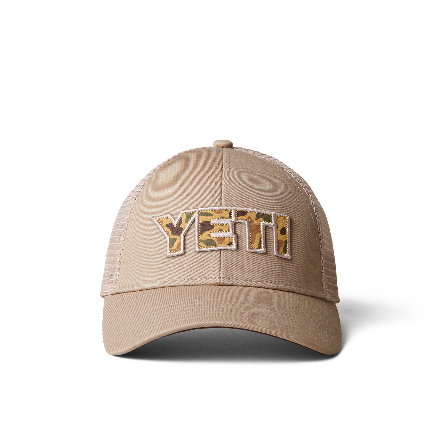 YETI Camo Logo Badge Trucker Hat Khaki