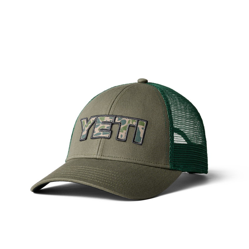 YETI Camo Logo Badge Trucker Hat Olive