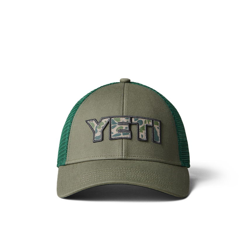 YETI Camo Logo Badge Trucker Hat Olive